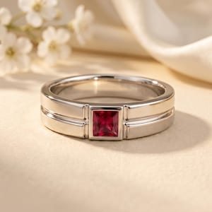 Herrring i sterlingsilver med rubin, fyrkantig röd ädelsten, moderna statement-smycken