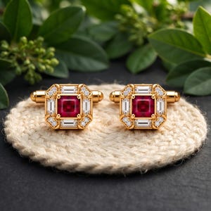 Rubin- und goldplattierte Manschettenknöpfe mit Zirkonia-Halo, quadratischer roter Edelstein, formelle Herrenaccessoires