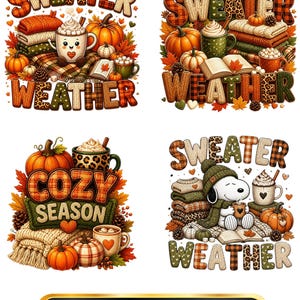 May include: Four digital illustrations featuring autumn themes with pumpkins, stacked sweaters, mugs of hot cocoa, and fall foliage. Text includes Sweater Weather and Cozy Season. One design features a white dog character wearing a green hat.