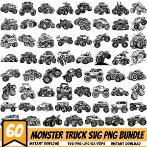 May include: A collection of 60 black and white monster truck illustrations. The image includes various truck designs, with the text "MONSTER TRUCK SVG PNG BUNDLE" and "INSTANT DOWNLOAD".
