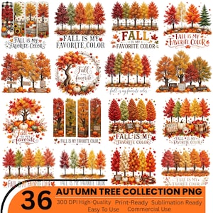 Puede incluir: Una colección de 36 ilustraciones digitales con árboles de otoño de follaje rojo, naranja y amarillo, calabazas y texto que incluye Fall Is My Favorite Color, Fall Is My Favorite y Hello Fall, dispuestos en una cuadrícula sobre fondo blanco.