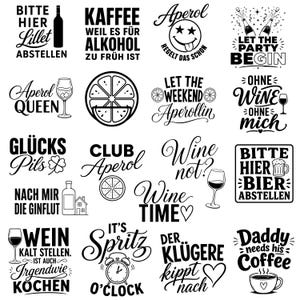 May include: A collection of twenty black and white graphic designs featuring various beverage-themed quotes and illustrations, including wine glasses, beer mugs, coffee cups, citrus slices, and alarm clocks, arranged in a grid for crafting projects.