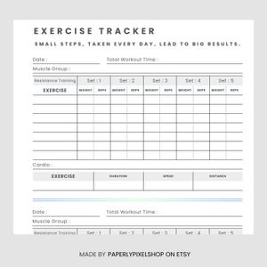 Rastreador de ejercicios digital imprimible / Registro de actividad física en el gimnasio / Planificador de resistencia y cardio / Tamaño A4, A5, Carta y Media Carta / Planificador PDF rellenable