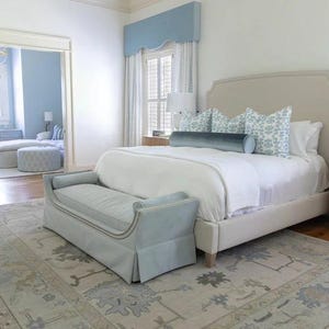Handgeknüpfter, moderner Oushak-Teppich, dezenter, neutraler Teppich mit blauen und grünen Akzenten, handgefertigter Wollteppich für das Wohnzimmer, großes, individuelles türkisches Design Bild 3