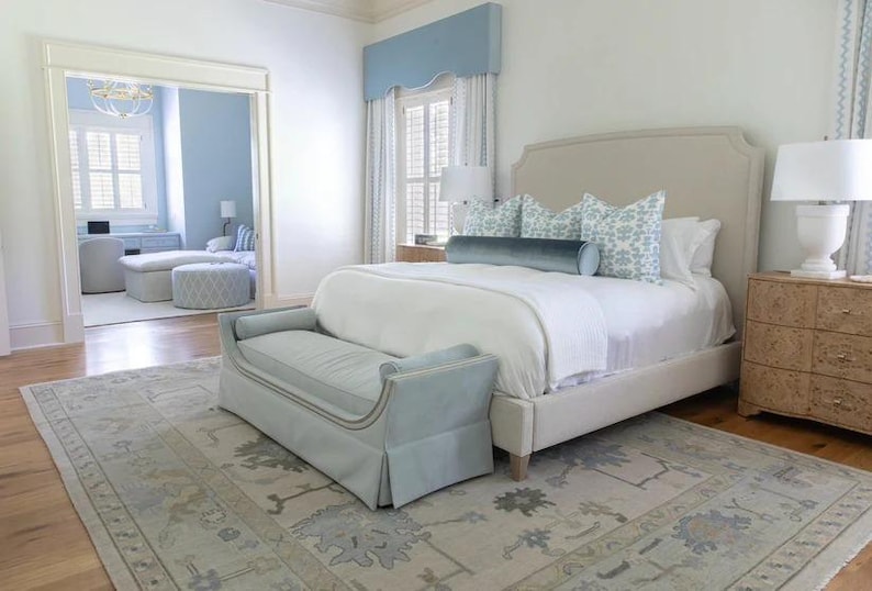 Handgeknüpfter, moderner Oushak-Teppich, dezenter, neutraler Teppich mit blauen und grünen Akzenten, handgefertigter Wollteppich für das Wohnzimmer, großes, individuelles türkisches Design Bild 3