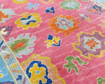 Colorful Oushak Rug: Hand Knotted Turkish Wool Carpet, 9x12