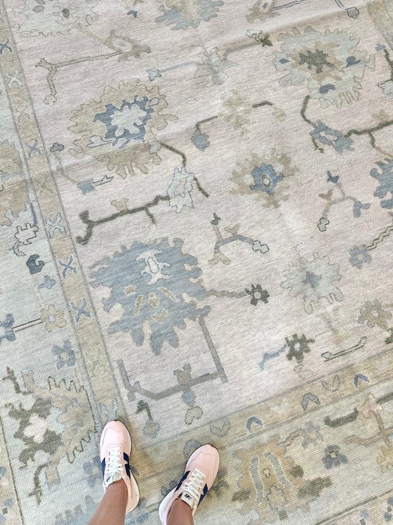 Hand Knotted Modern Oushak Rug, Muted Neutral Area Rug with Blue & Green, Handmade Wool Rug for Living Room, Large Custom Turkish Design