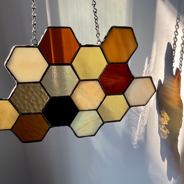 Honeycomb (H-H-001) -- Handmade Earthy Nature Light Magic Honeybee Bee Inspired Stained Glass Suncatcher / Ornament