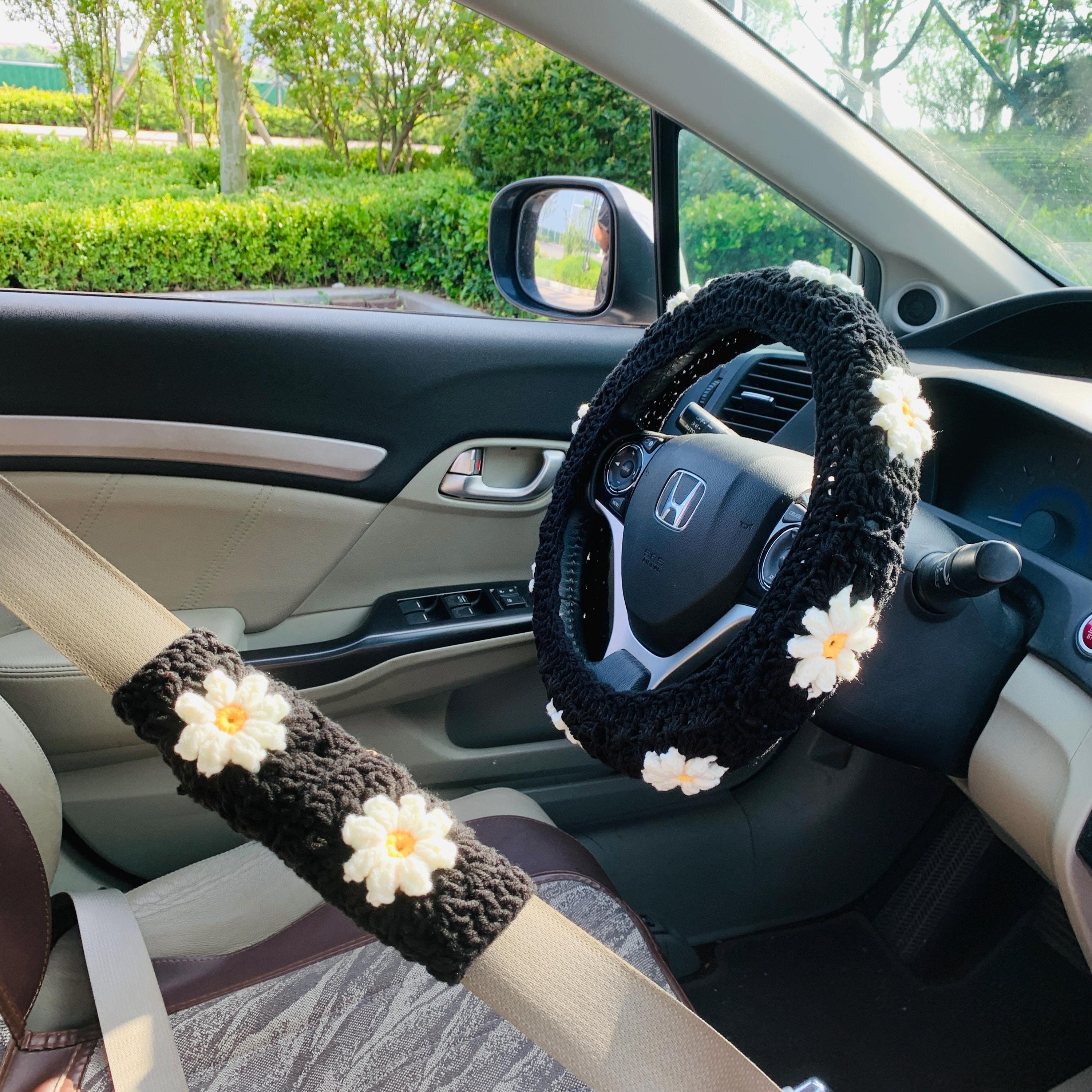 OnEternal Handmade Crochet Steering Wheel Cover & Seat Belt Covers Set - Puff Flower, Light Pink - View #10