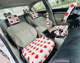 Handmade Crochet Car Interior Set strawberry Flower Car Seat Covers Steering Wheel Cover Headrest Cover Boho Car Decor Aesthetic Accessories