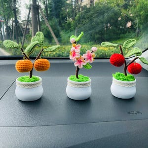 May include: Three small, white ceramic pots with crocheted plants. One has orange fruit, one has pink flowers, and one has red fruit. The pots have a green, grassy base and a lace trim. The plants are on a dark grey surface.