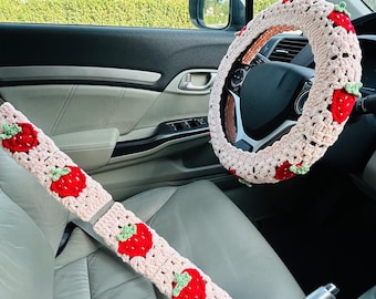 Steering Wheel Cover strawberry vantage Flower Crochet seat belt Cover Car Accessories handmade unique Car Interior Decor Set for Girls