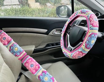 Handmade Steering Wheel Cover Rainbow Colorful Gesang Flowers vantage Crochet seat belt Cover Car Accessories unique Car Interior Decor Set