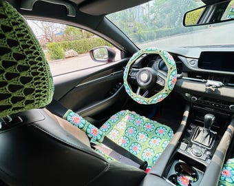 Handmade Crochet Car Interior Set Flower Car Seat Covers Steering Wheel Cover Headrest Cover Boho Daisy Car Decor Aesthetic Accessories