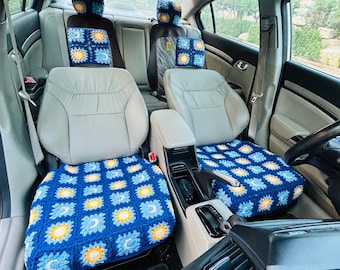 Handmade Crochet Car Interior Set stars moon Car Seat Covers Steering Wheel Cover Headrest Cover Boho Daisy Car Decor Aesthetic Accessories