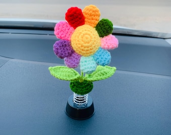 Gehaakte kleurrijke regenboogbloem Bobblehead auto dashboard decor zonnebloem handgemaakte auto ornament lente auto-interieur accessoire chauffeur cadeau