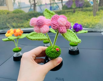 Gehaakte kleurrijke regenboogbloem Bobblehead auto dashboard decor zonnebloem handgemaakte auto ornament lente auto-interieur accessoire chauffeur cadeau