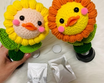 Handmade Crochet Sunflower Duck Bobblehead | Amigurumi Dashboard Flower Ornament | Car Interior Spring Decor | Kawaii Crochet Gift
