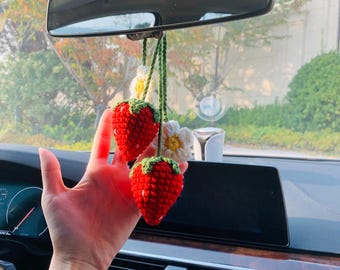 Handmade Crochet Strawberry & Flower Car Mirror Charm Fruit Rearview Mirror Hanging Decor Amigurumi Car Accessory Kawaii Car Ornament