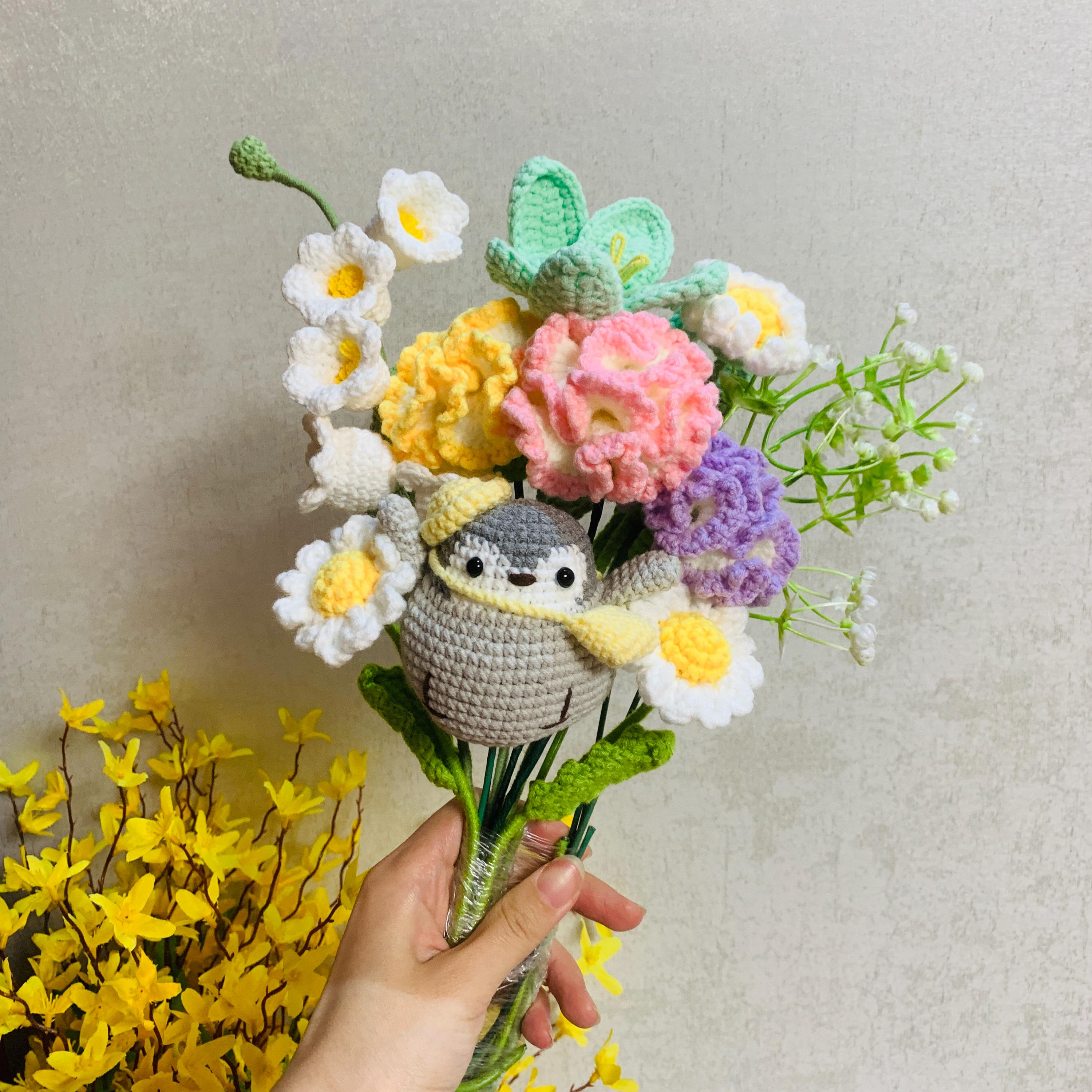 Crochet Penguin Tulip Daisy Bouquet