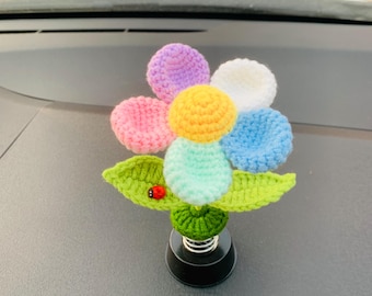 Crochet colorful rainbow flower Bobblehead Car Dashboard Decor Handmade Flower Car Ornament Cute Spring Auto Interior Accessory Driver Gift