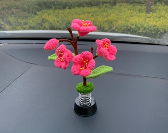 Handmade Crochet Peach Blossom Bobble Head | Amigurumi Spring Flower Car Dashboard Ornament | Cute Sakura-Style Car Decor | Floral Gift
