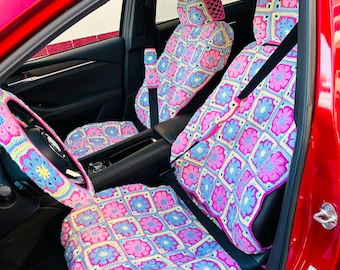Handmade Crochet Car Interior Set Flower Car Seat Covers Steering Wheel Cover Headrest Cover Boho Daisy Car Decor Aesthetic Accessories