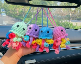 Handmade Crochet Octopus Car Mirror Charm Cute Amigurumi Octopus Rearview Mirror Hanging Kawaii Car Accessory Colorful Yarn Car Ornament