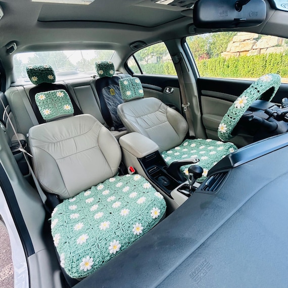 Handmade Crochet Car Interior Set Puff Flower Car Seat Covers Steering Wheel Cover Headrest Cover Boho Daisy Car Decor Aesthetic Accessories