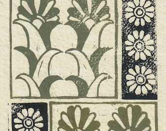 Hand-Carved Linocut Print: Lotus Tiles, A5 Khadi Paper Wall Art