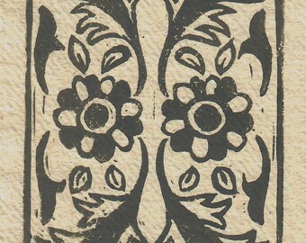 Hand-Carved Linocut Print: Floral Tile A6 Khadi Paper Art