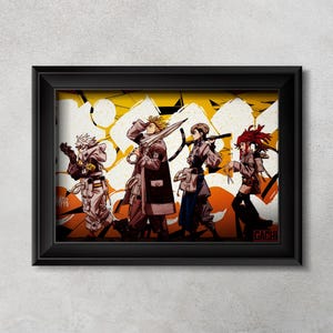 May include: Framed artwork featuring four anime-style characters in a dynamic pose. The characters are depicted with detailed outfits and weapons against a backdrop of orange and white abstract shapes. The artwork is in a black frame.