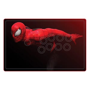 May include: A red arcade stick with a Spider-Man theme. The image shows the character in a dynamic pose, with a black background and white button outlines. The stick has a rectangular shape with a red border.