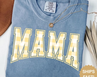 Yellow Gingham Mama Shirt Gift for Mom, Yellow Checkered Comfort Colors Mom Tshirt, Summer Gingham Outfit for New Mom Gift for Mothers Day