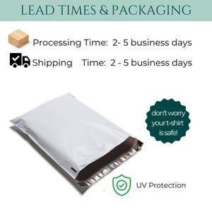 May include: White padded envelope with a silver interior, displayed at an angle on a white background. The image includes text: "LEAD TIMES & PACKAGING", "don't worry your t-shirt is safe!", and "UV Protection".