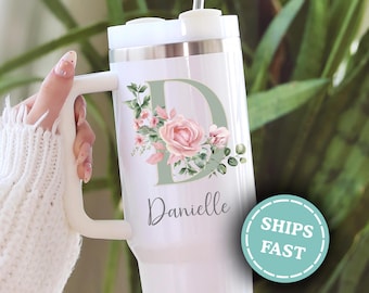 Floral Name Tumbler, Personalized 40oz Tumbler, Custom Name Tumbler With Handle, Custom Floral Letter Name, Birthday Tumbler Gift for Mama