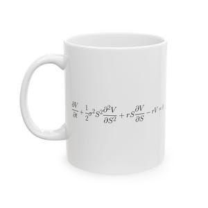 Puede incluir: Taza de cerámica blanca con una fórmula matemática negra impresa. La taza tiene un asa curva y una forma cilíndrica. La fórmula es una ecuación diferencial parcial.