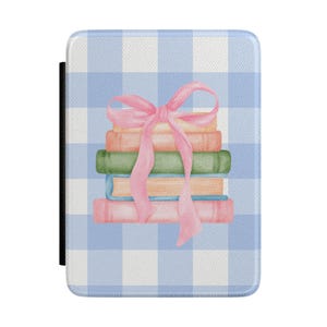 Stack of Books with Pink Bow Kindle Case | Blue Gingham Reading Cover
