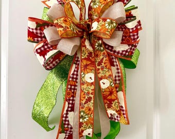 Fall Gnome Pumpkin Plaid Wreath Bow, Glitter Burlap Lantern Accent, Wire-Edged Ribbons