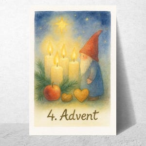 Waldorf-inspirierte Postkarte „4. Advent“ – Aquarellkarte für den Jahreszeitentisch