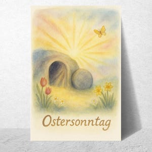 Waldorfinspirierte Osterkarte mit Grab, Sonne & Schmetterling – Symbolbild für Ostersonntag | Jahreszeitentisch