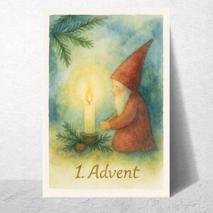Waldorfinspirierte Postkarte „1. Advent“ – Aquarellkarte für den Jahreszeitentisch