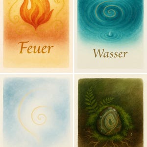 4er-Set „Elemente“ | Feuer – Wasser – Luft – Erde | Aquarellkarten im Waldorfstil | Jahreszeitentisch