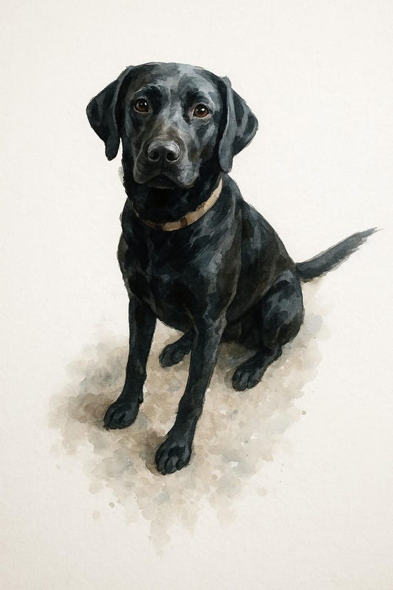 黒のラブラドールの水彩画ポートレート – デジタルダウンロード