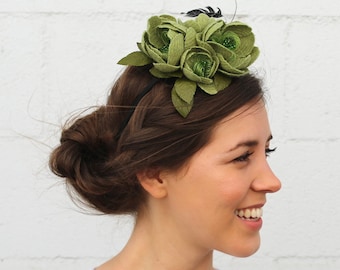 Green flower fascinator, flower headband, green flower headpiece, green cocktail hat