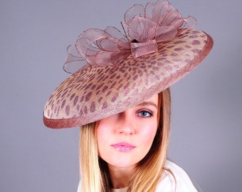 Kentucky brown hat, leopard print hat, brown fascinator, church hat. READY TO SHIP!