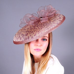 Kentucky brown hat, leopard print hat, brown fascinator, church hat, wedding gust hat, garden party large fascinator, READY TO SHIP!
