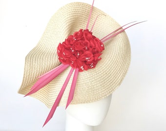 Beige Kentucky Derby fascinator, red flower fascinator, flowers cocktail hat, Royal Ascot fascinator. READY TO SHIP!