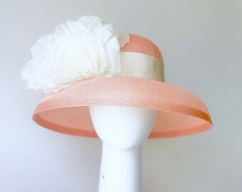 Coral Kentucky Derby Hat, straw rose hat. READY TO SHIP!