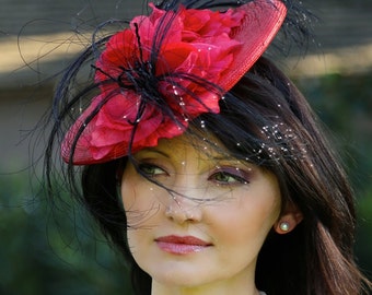 Red fascinator, Kentucky Derby hat, Royal ascot hats, couture flower hat, red cocktail hat, wedding fascinator, church hat, design hat